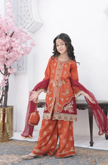 Shanzey Roshni Embroidered Organza Stitched 3 Piece Suit - SHK-5806 - SHZ26RSN - Rust with Maroon - Girls Formal Collection