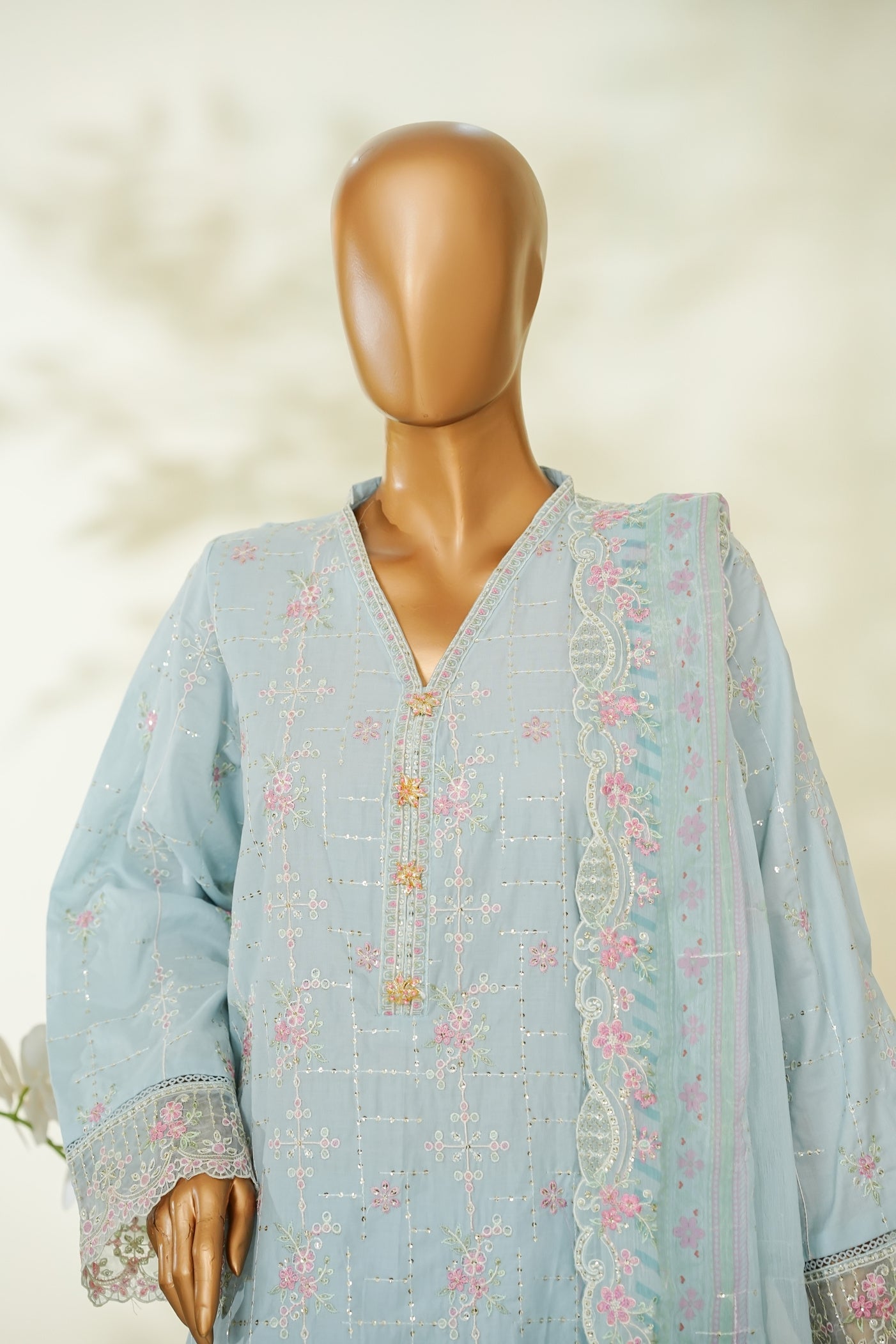 Bin Saeed Sky Blue Embroidered Lawn Suit with Chiffon Dupatta – 3 Piece Stitched Set