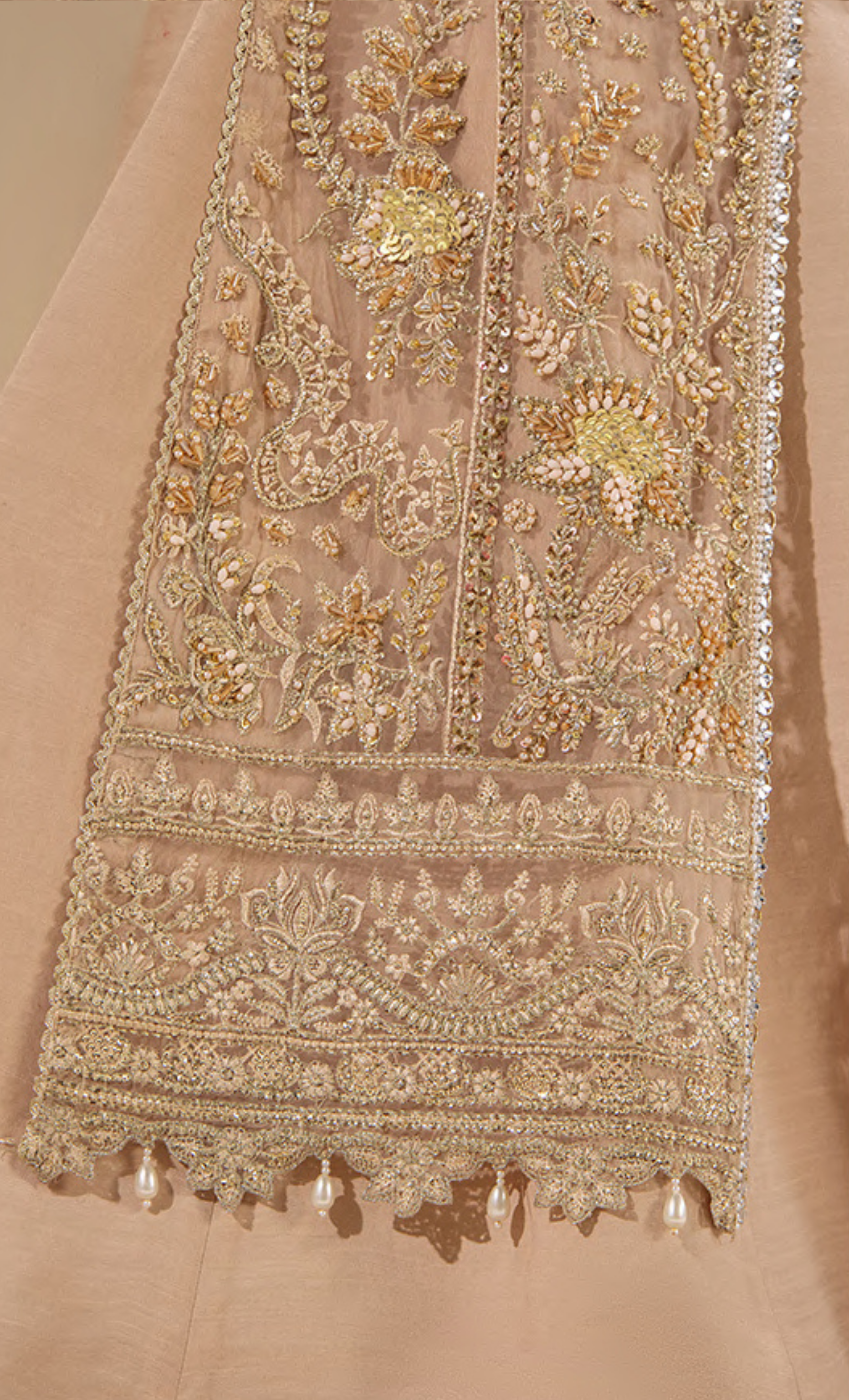 Luxury Champagne Gold Embroidered Designer Long Jacket Suit with Handcrafted Detailing