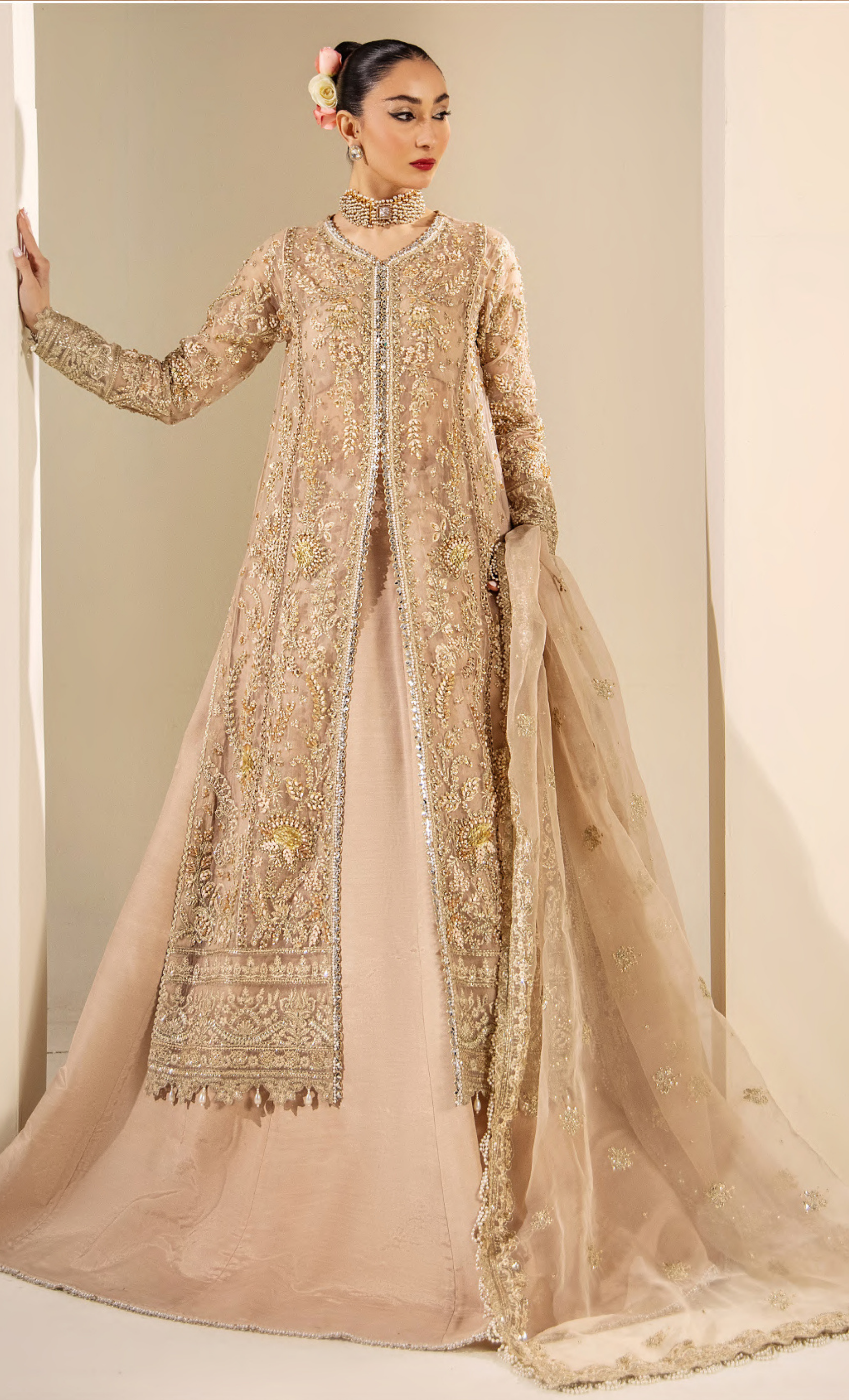 Luxury Champagne Gold Embroidered Designer Long Jacket Suit with Handcrafted Detailing