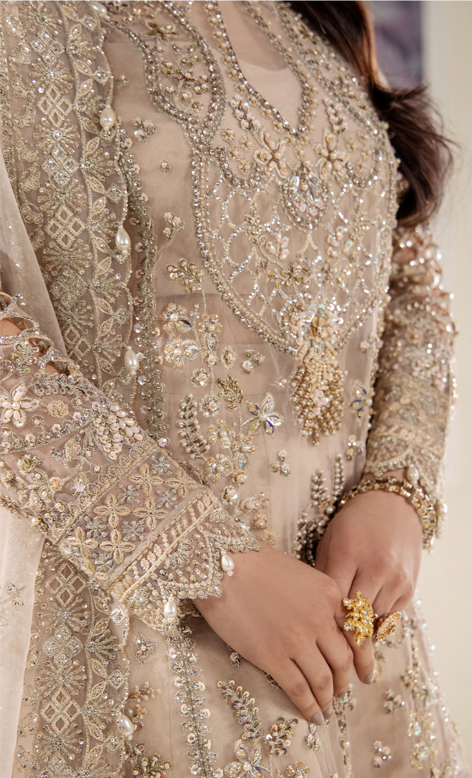 Luxury Ivory Gold Embroidered Designer Suit with Intricate Handcrafted Detailing