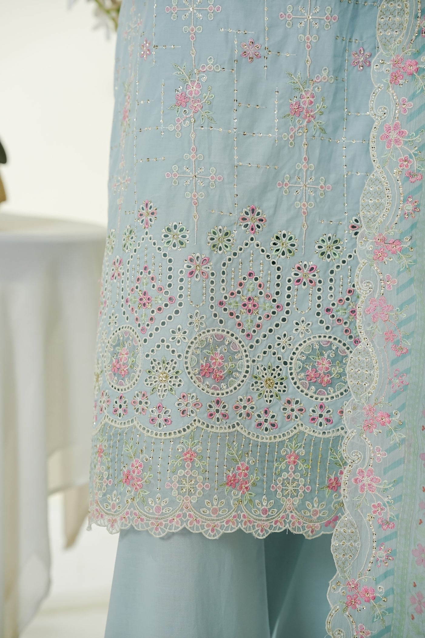 Bin Saeed Sky Blue Embroidered Lawn Suit with Chiffon Dupatta – 3 Piece Stitched Set