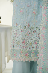 Bin Saeed Sky Blue Embroidered Lawn Suit with Chiffon Dupatta – 3 Piece Stitched Set
