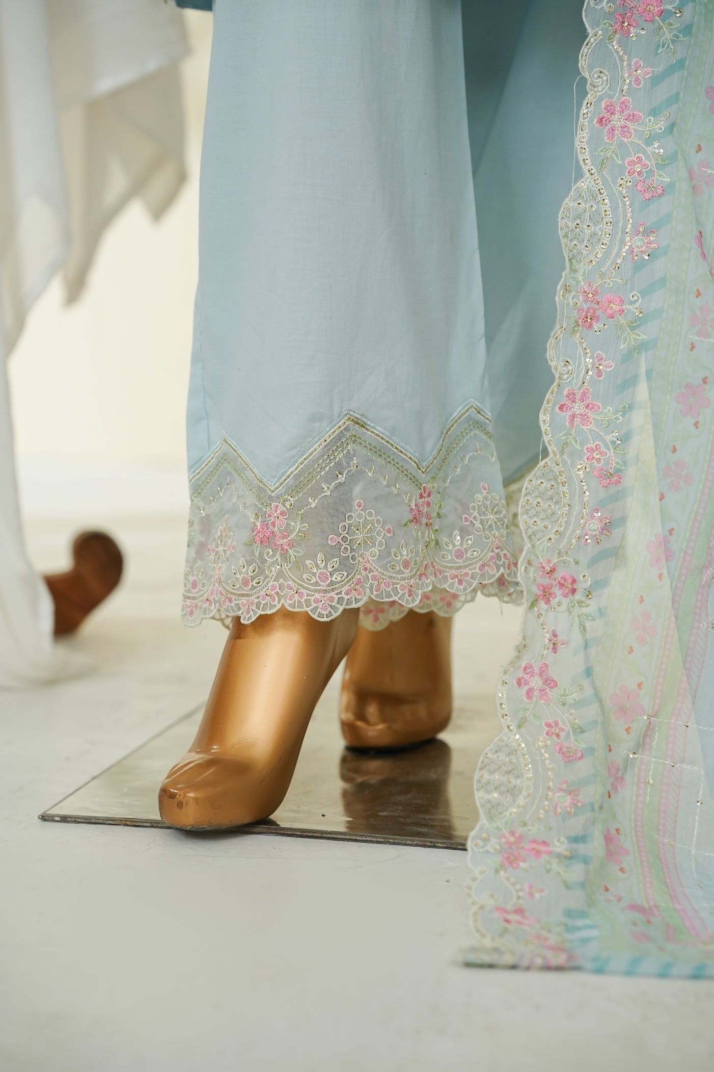 Bin Saeed Sky Blue Embroidered Lawn Suit with Chiffon Dupatta – 3 Piece Stitched Set