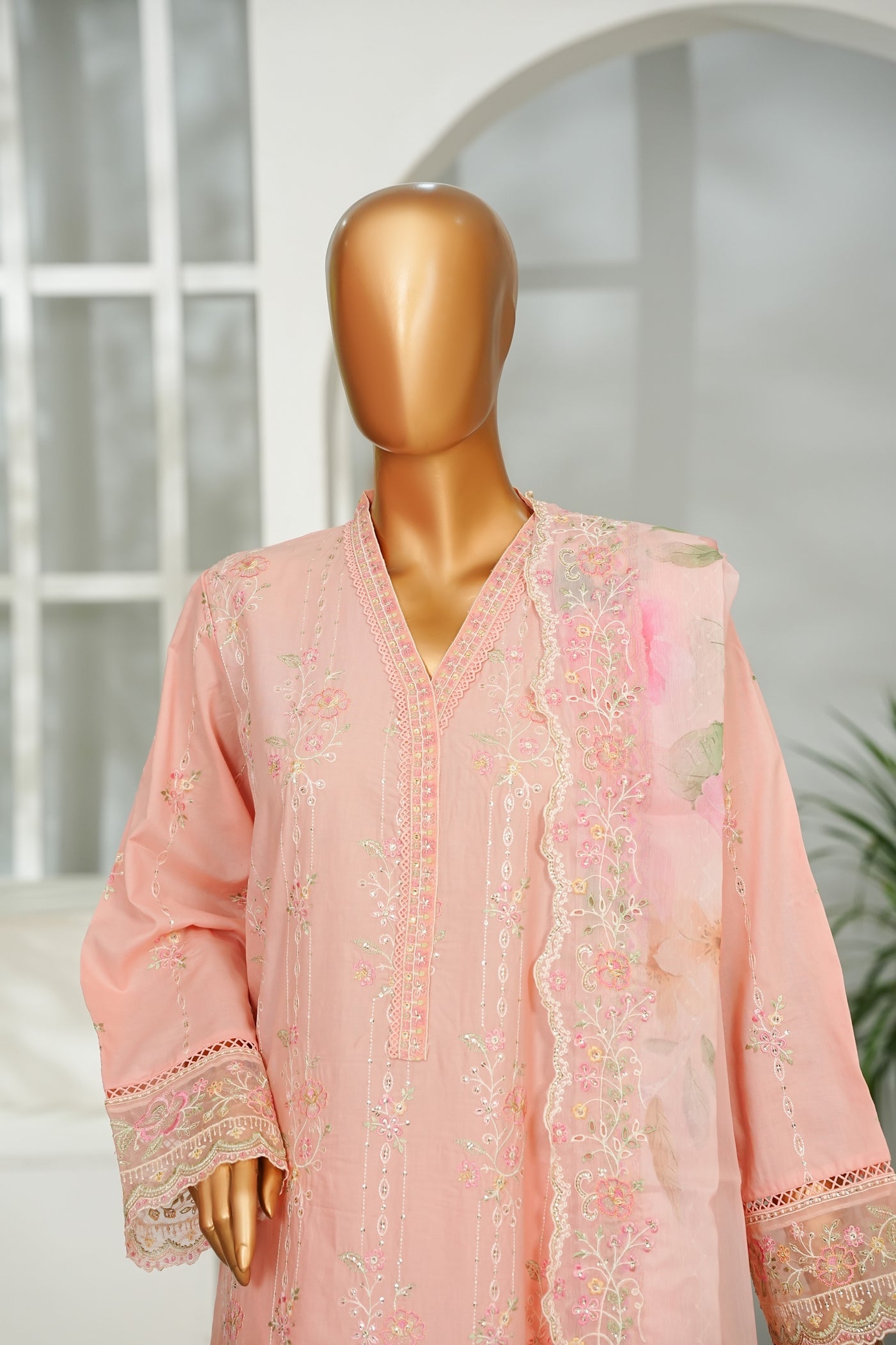 Bin Saeed Peach Embroidered Lawn Suit with Printed Chiffon Dupatta – 3 Piece Stitched Set