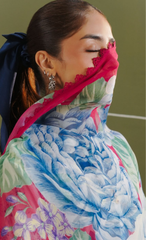 AERO-6A – Pearl White & Blue Rose Printed Lawn Suit with Hot Pink Dupatta