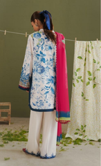 AERO-6A – Pearl White & Blue Rose Printed Lawn Suit with Hot Pink Dupatta