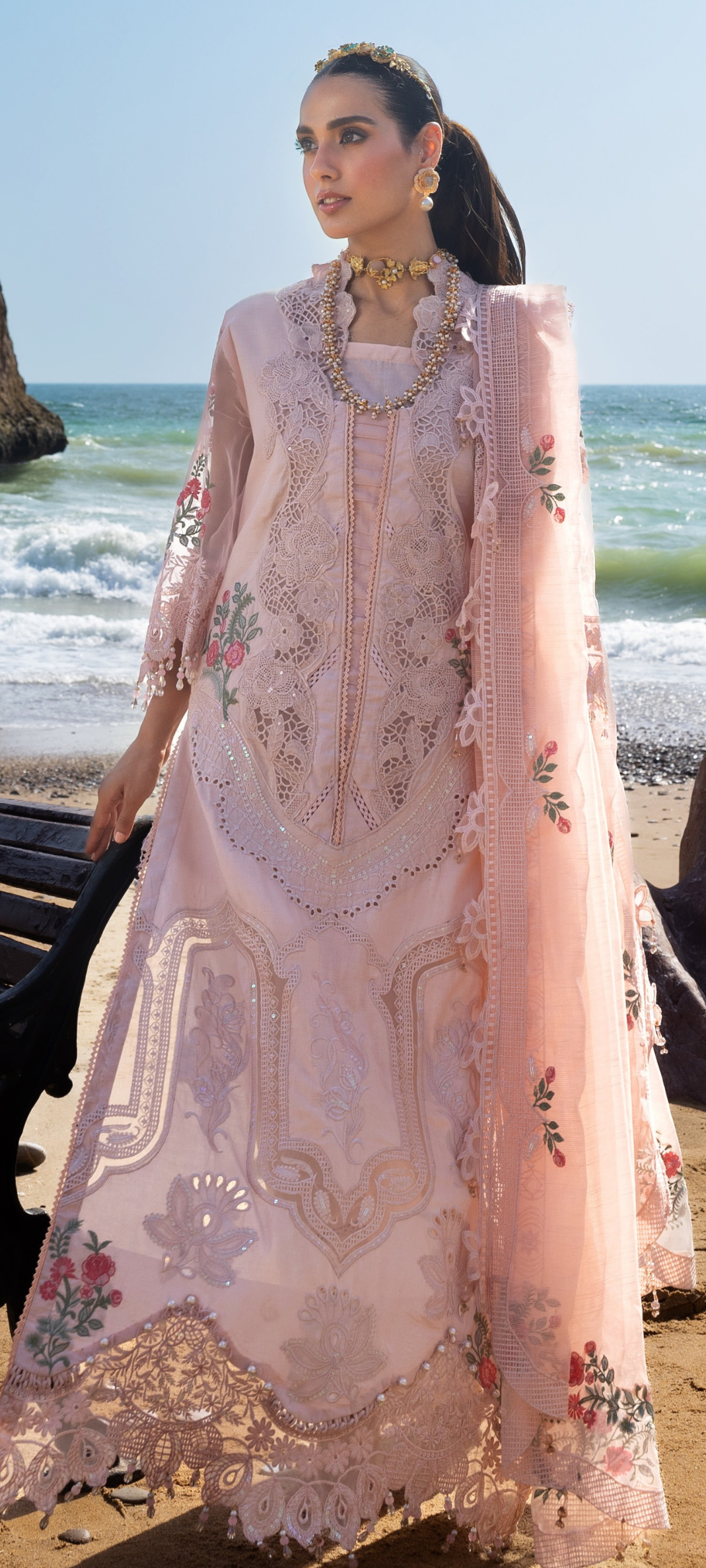 Blush Pink Embroidered Luxury Lawn Suit with Floral Dupatta