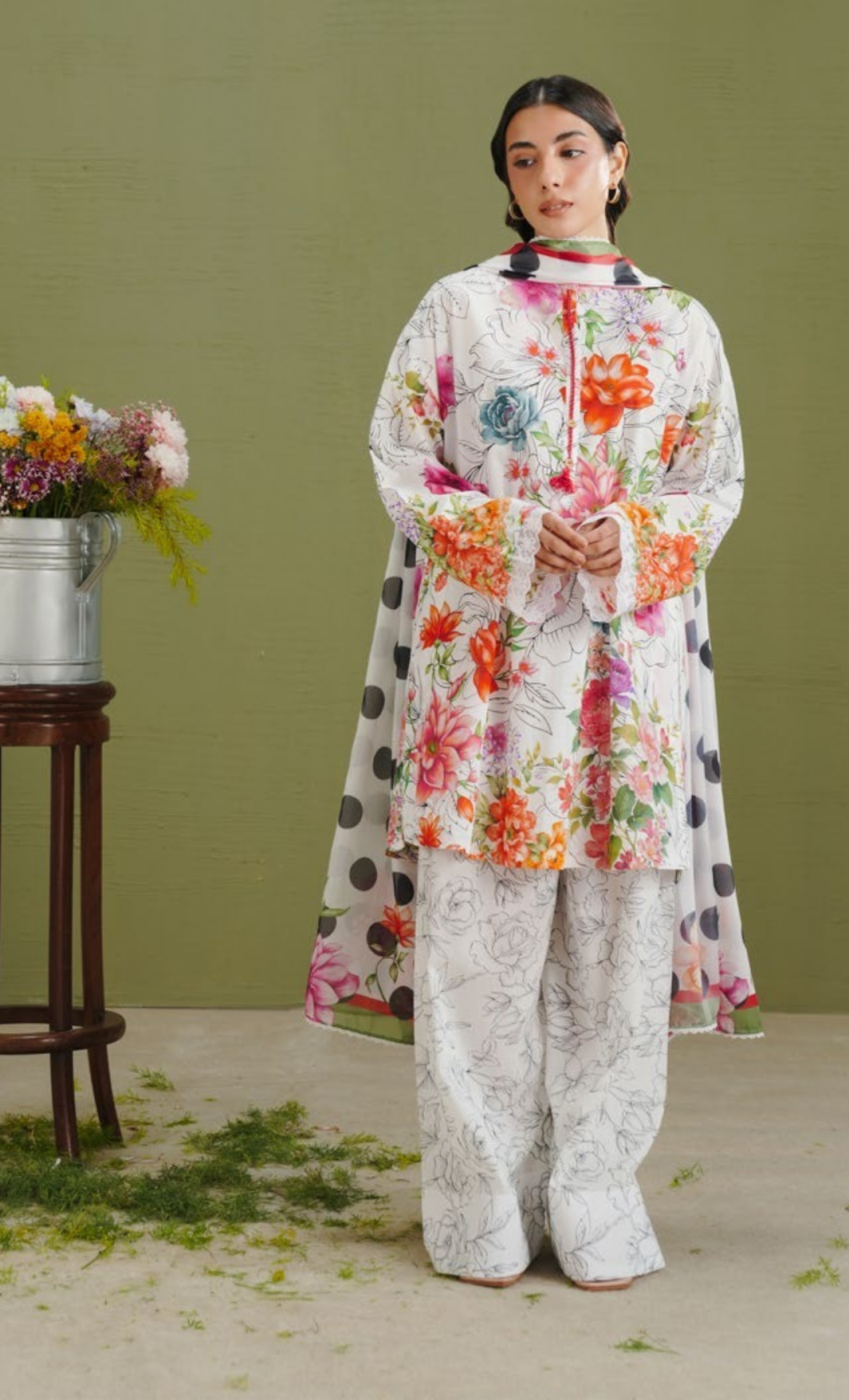 ELIX-9A – Black & White Floral Printed Lawn Suit with Polka Dot Dupatta