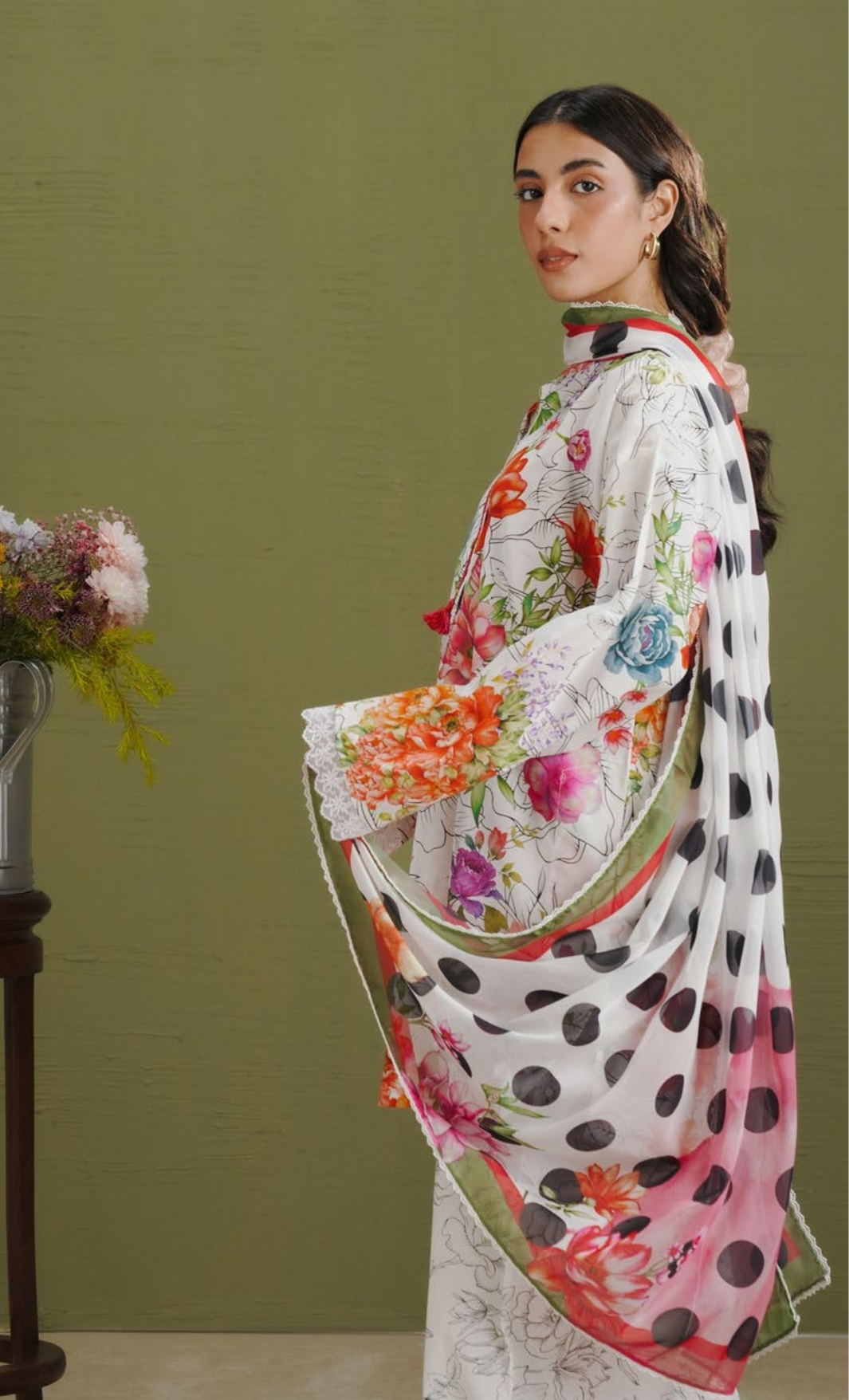 ELIX-9A – Black & White Floral Printed Lawn Suit with Polka Dot Dupatta