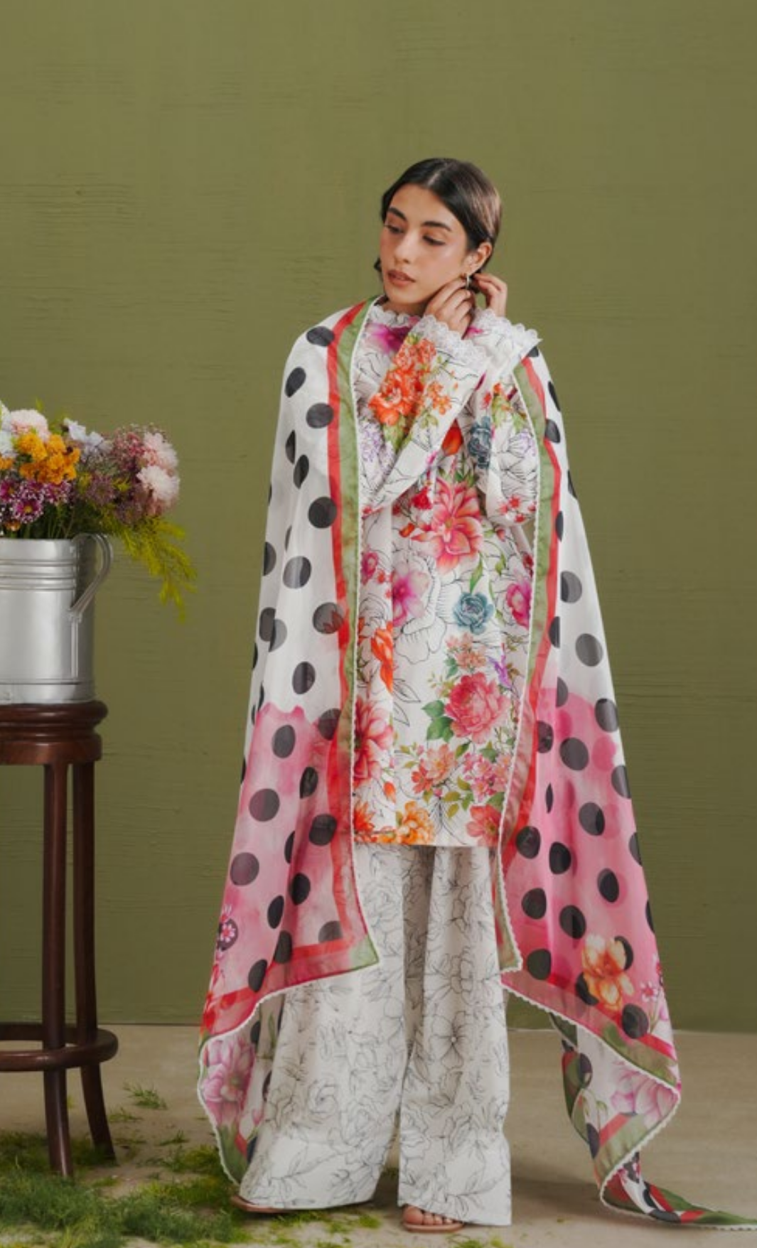 ELIX-9A – Black & White Floral Printed Lawn Suit with Polka Dot Dupatta