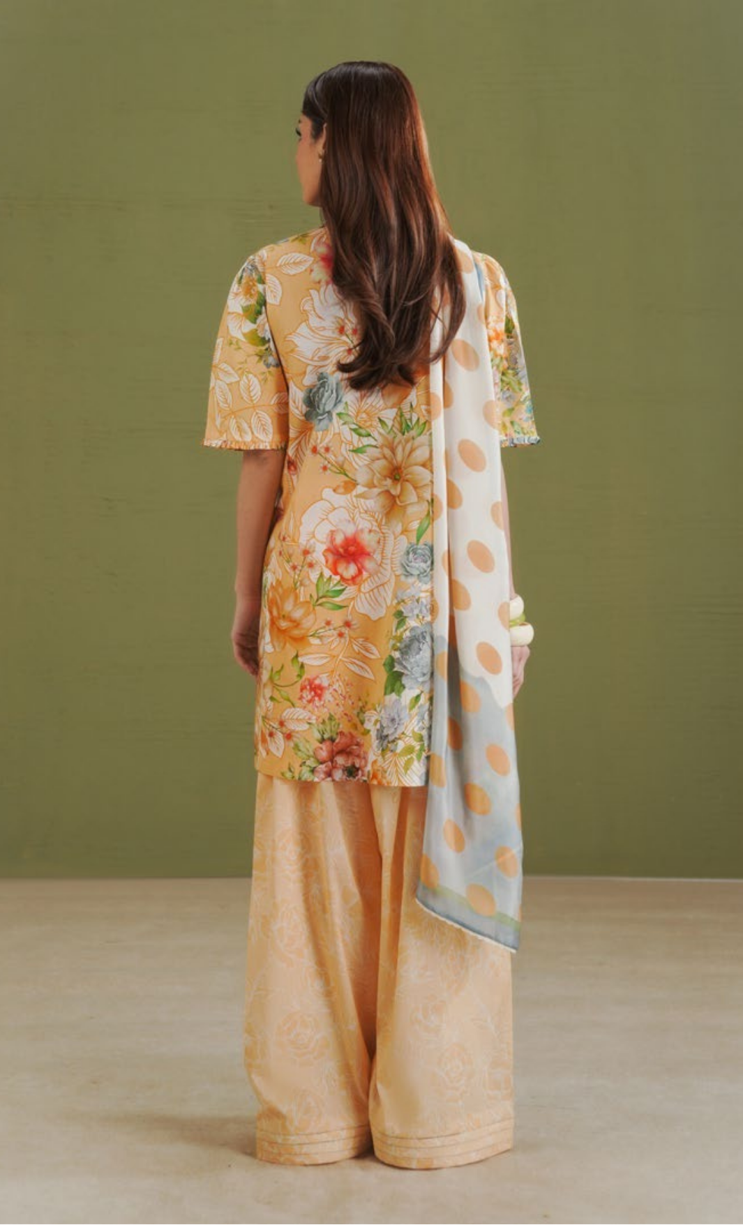 ELIX-9B – Yellow Floral Printed Lawn Suit with Polka Dot Dupatta