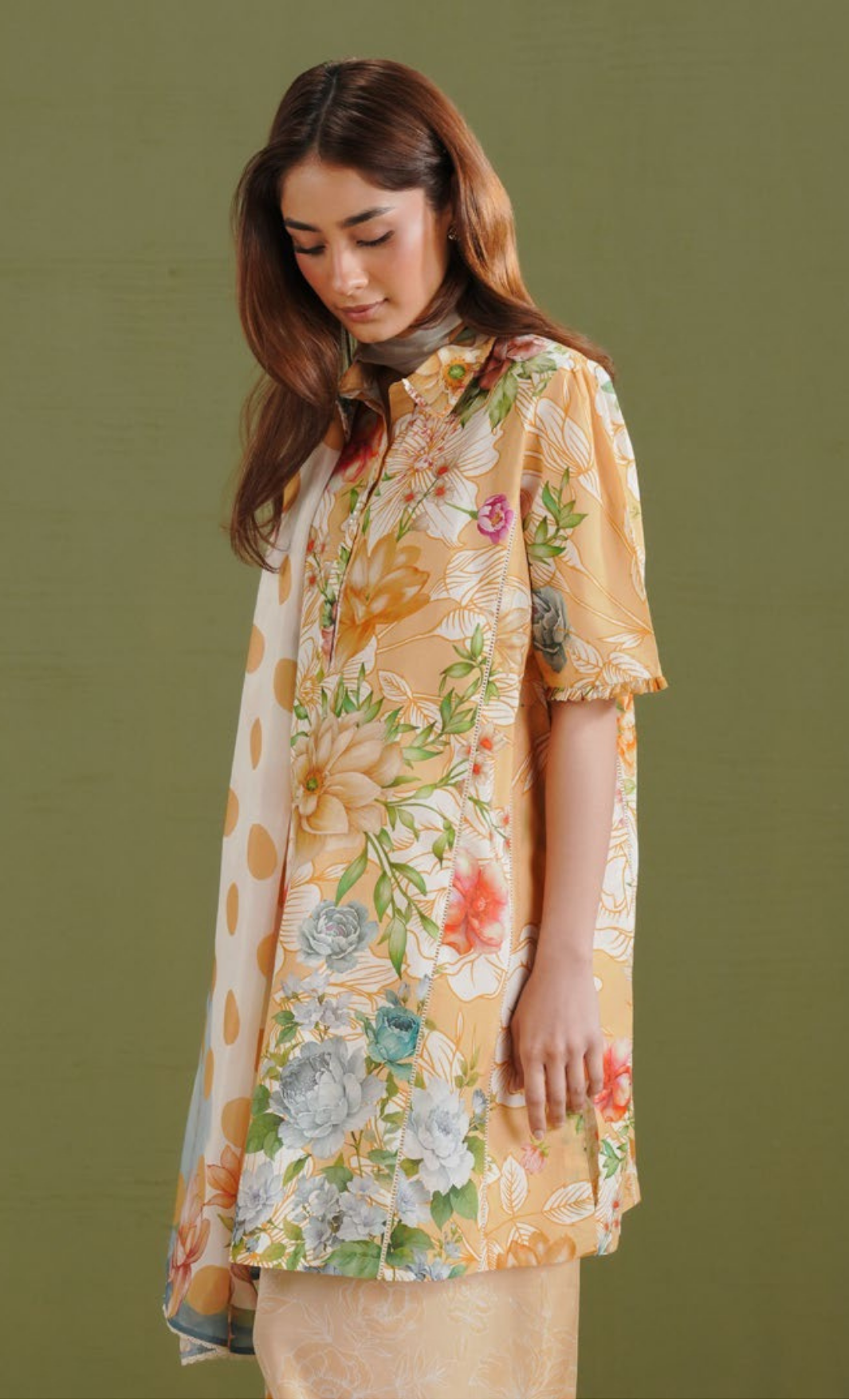 ELIX-9B – Yellow Floral Printed Lawn Suit with Polka Dot Dupatta