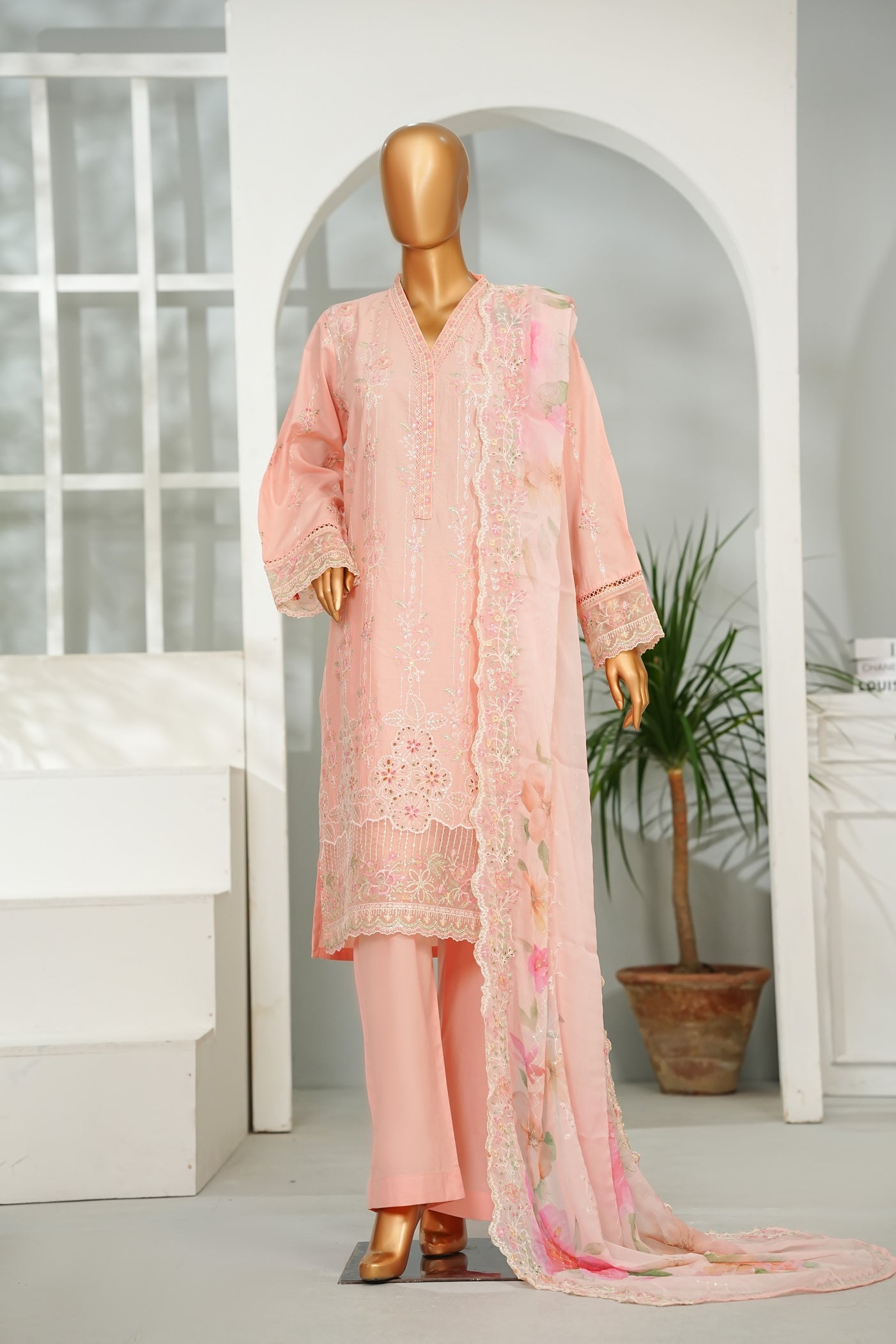 Bin Saeed Peach Embroidered Lawn Suit with Printed Chiffon Dupatta – 3 Piece Stitched Set
