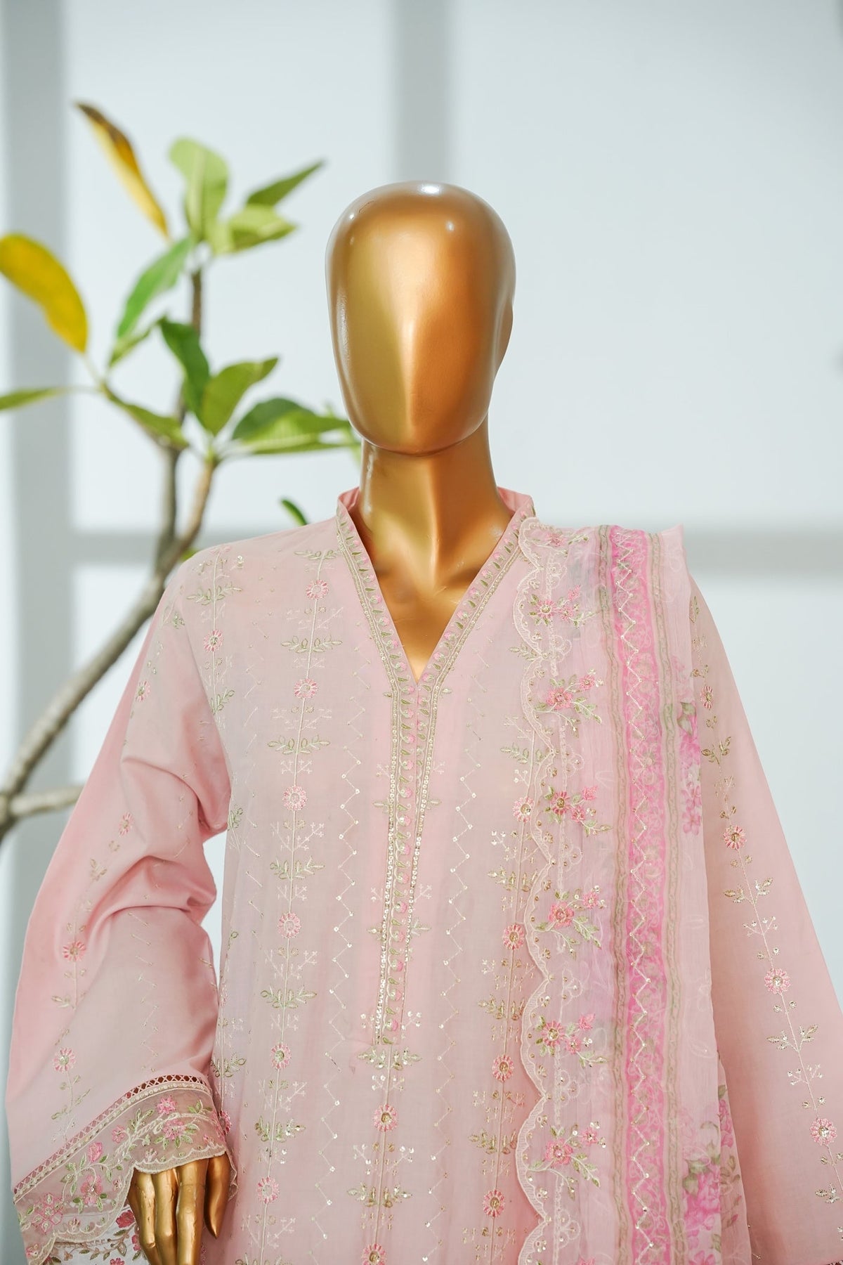 Bin Saeed Pastel Pink Embroidered 3-Piece Luxury Lawn Suit