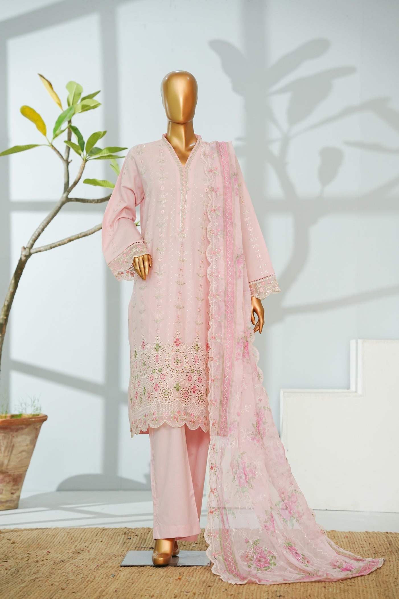 Bin Saeed Pastel Pink Embroidered 3-Piece Luxury Lawn Suit