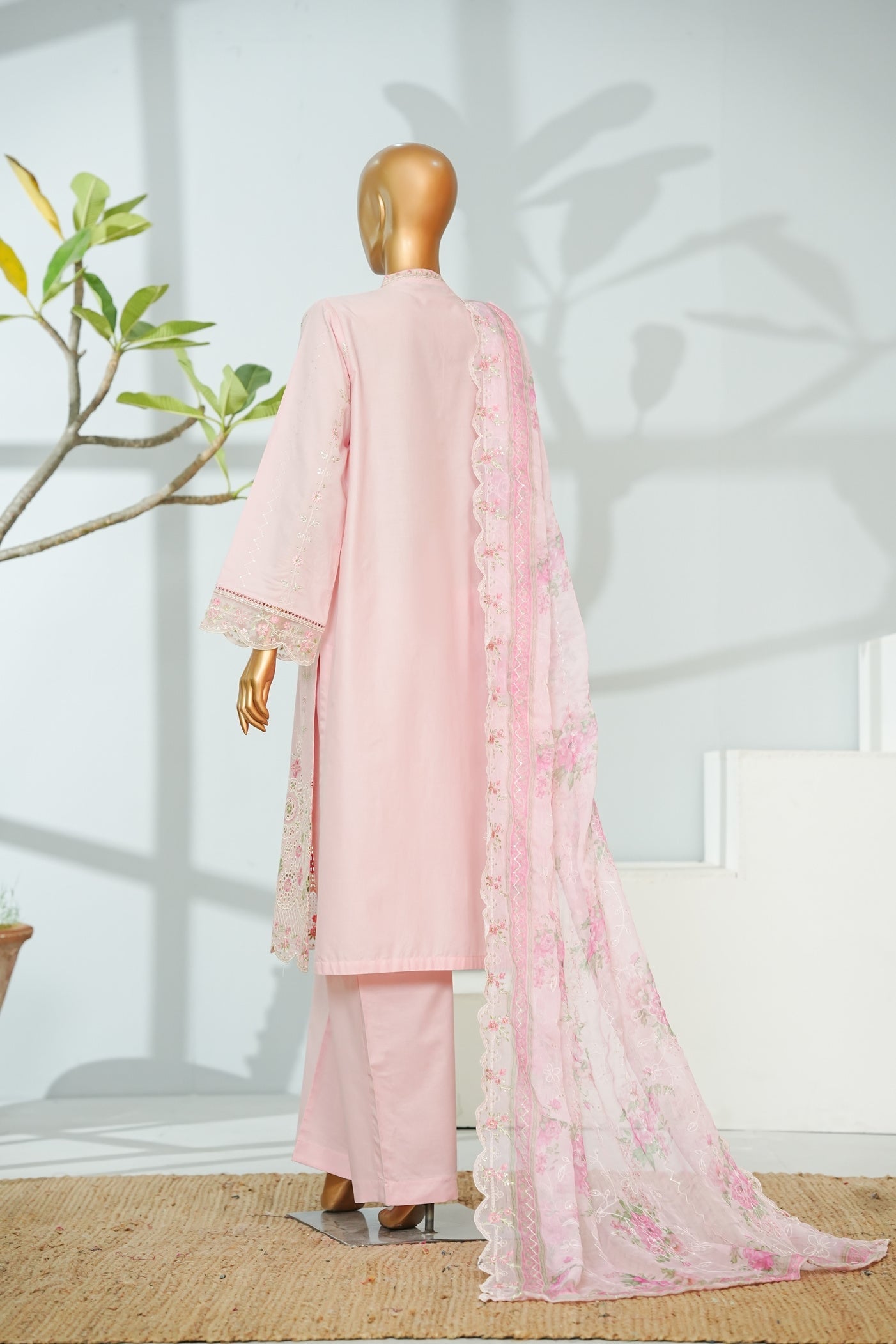 Bin Saeed Pastel Pink Embroidered 3-Piece Luxury Lawn Suit