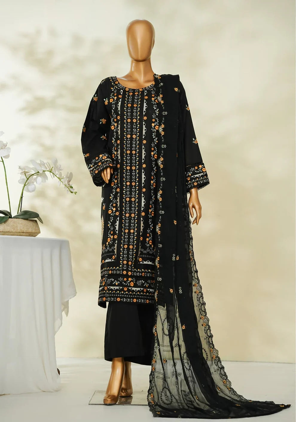 Bin Saeed Black Embroidered Lawn Suit with Chiffon Dupatta – 3 Piece Stitched Set