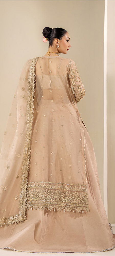 Luxury Champagne Gold Embroidered Designer Long Jacket Suit with Handcrafted Detailing
