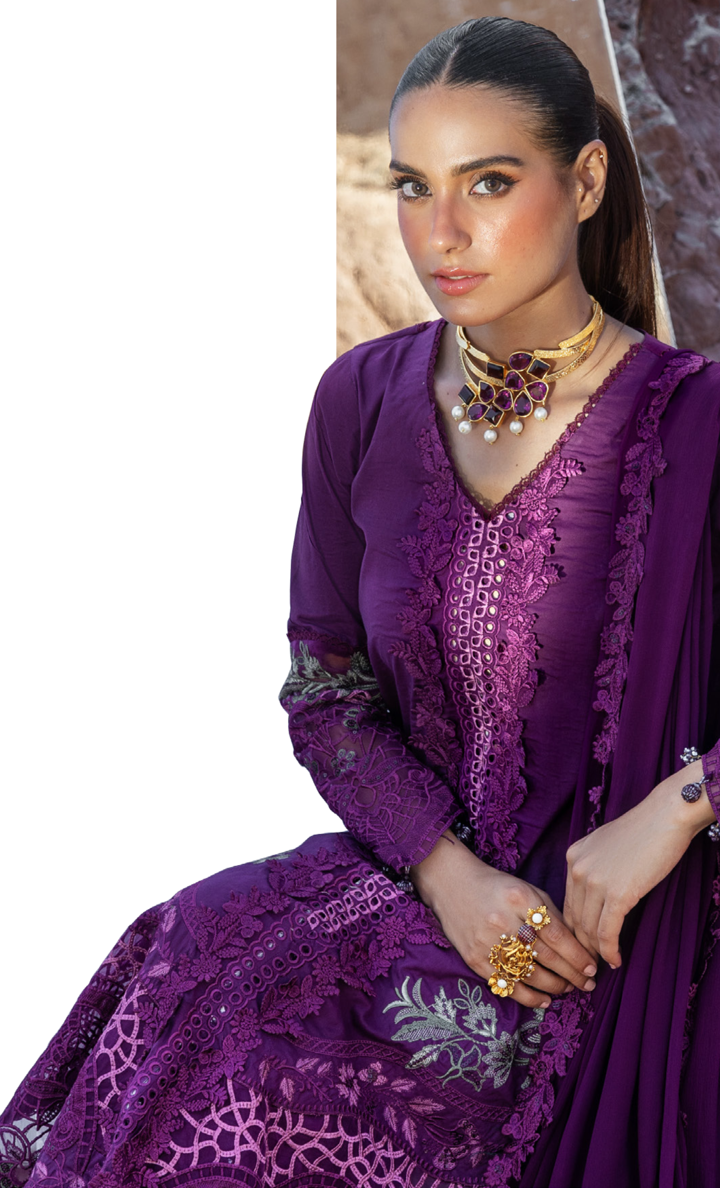 Royal Plum Embroidered Designer Kurta Set with Chiffon Dupatta