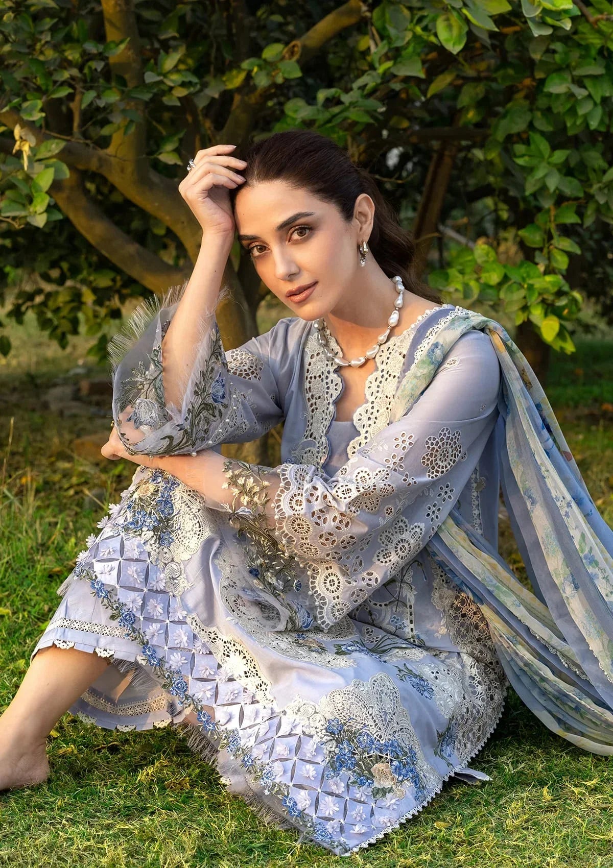 Elaf Premium Embroidered Luxury Lawn 3Pc Suit ELY-12 SKY BLISS