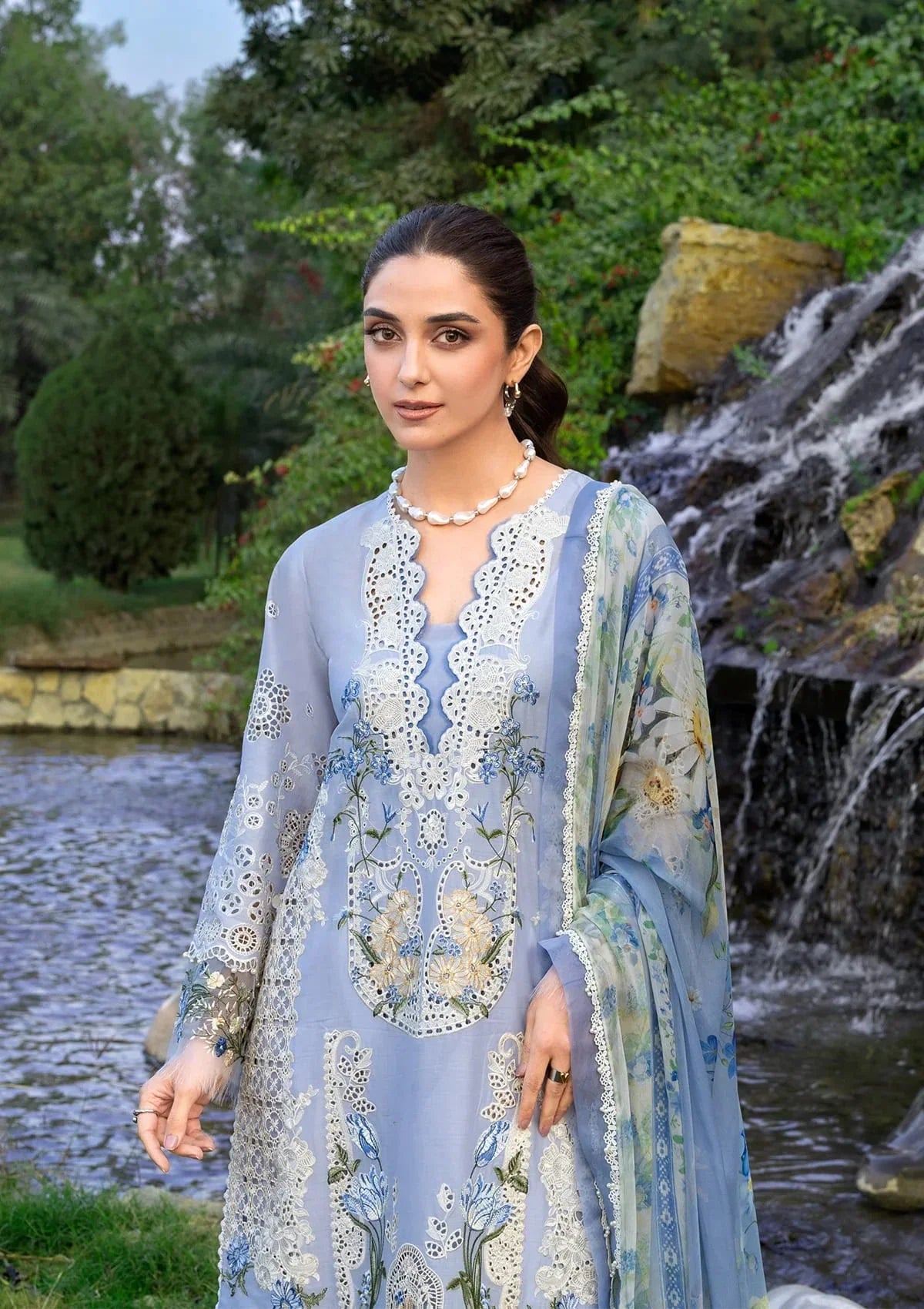 Elaf Premium Embroidered Luxury Lawn 3Pc Suit ELY-12 SKY BLISS