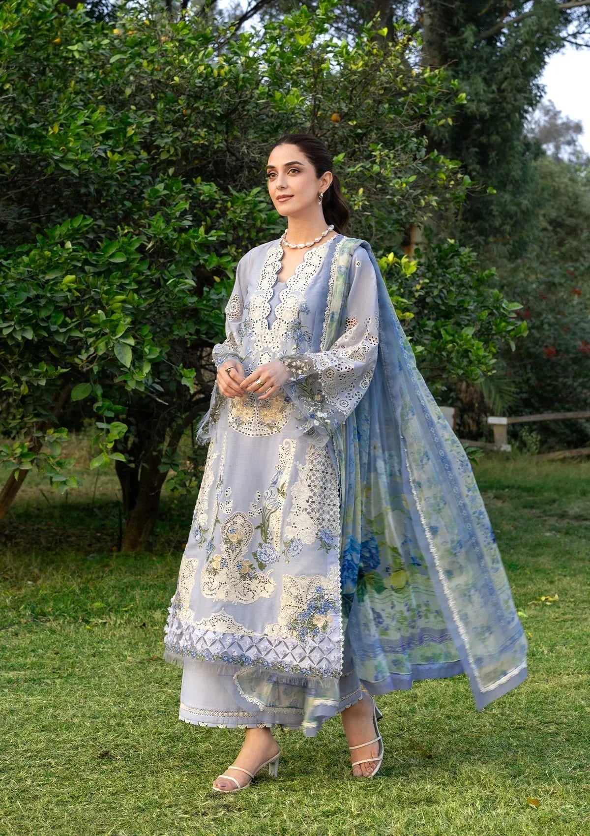 Elaf Premium Embroidered Luxury Lawn 3Pc Suit ELY-12 SKY BLISS