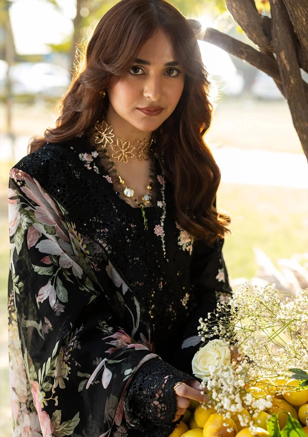 Elaf Premium Embroidered Luxury Lawn 3Pc Suit ELY-02B MIDNIGHT BLOSSOM