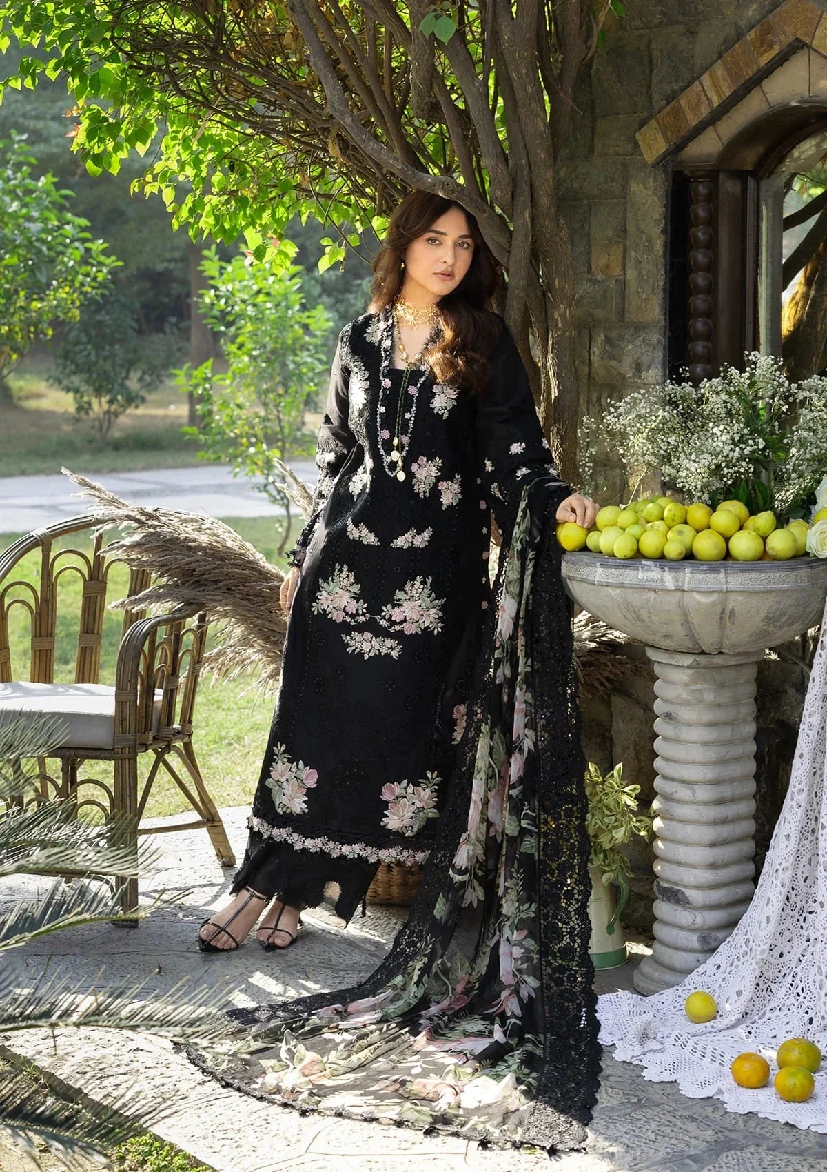 Elaf Premium Embroidered Luxury Lawn 3Pc Suit ELY-02B MIDNIGHT BLOSSOM