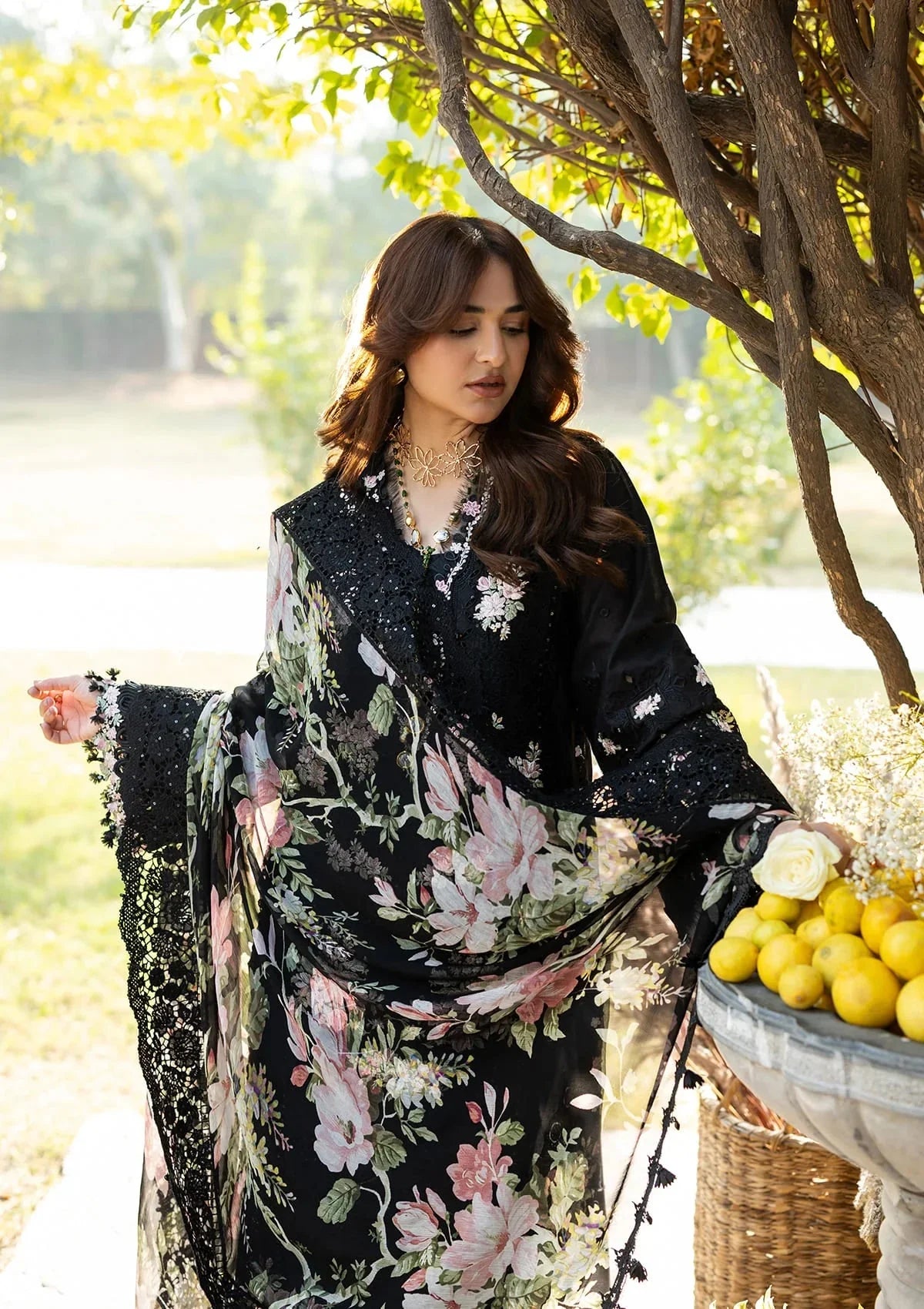 Elaf Premium Embroidered Luxury Lawn 3Pc Suit ELY-02B MIDNIGHT BLOSSOM