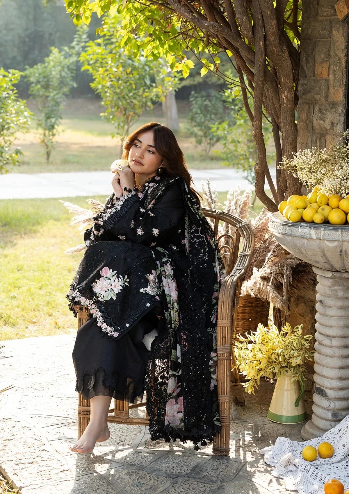 Elaf Premium Embroidered Luxury Lawn 3Pc Suit ELY-02B MIDNIGHT BLOSSOM