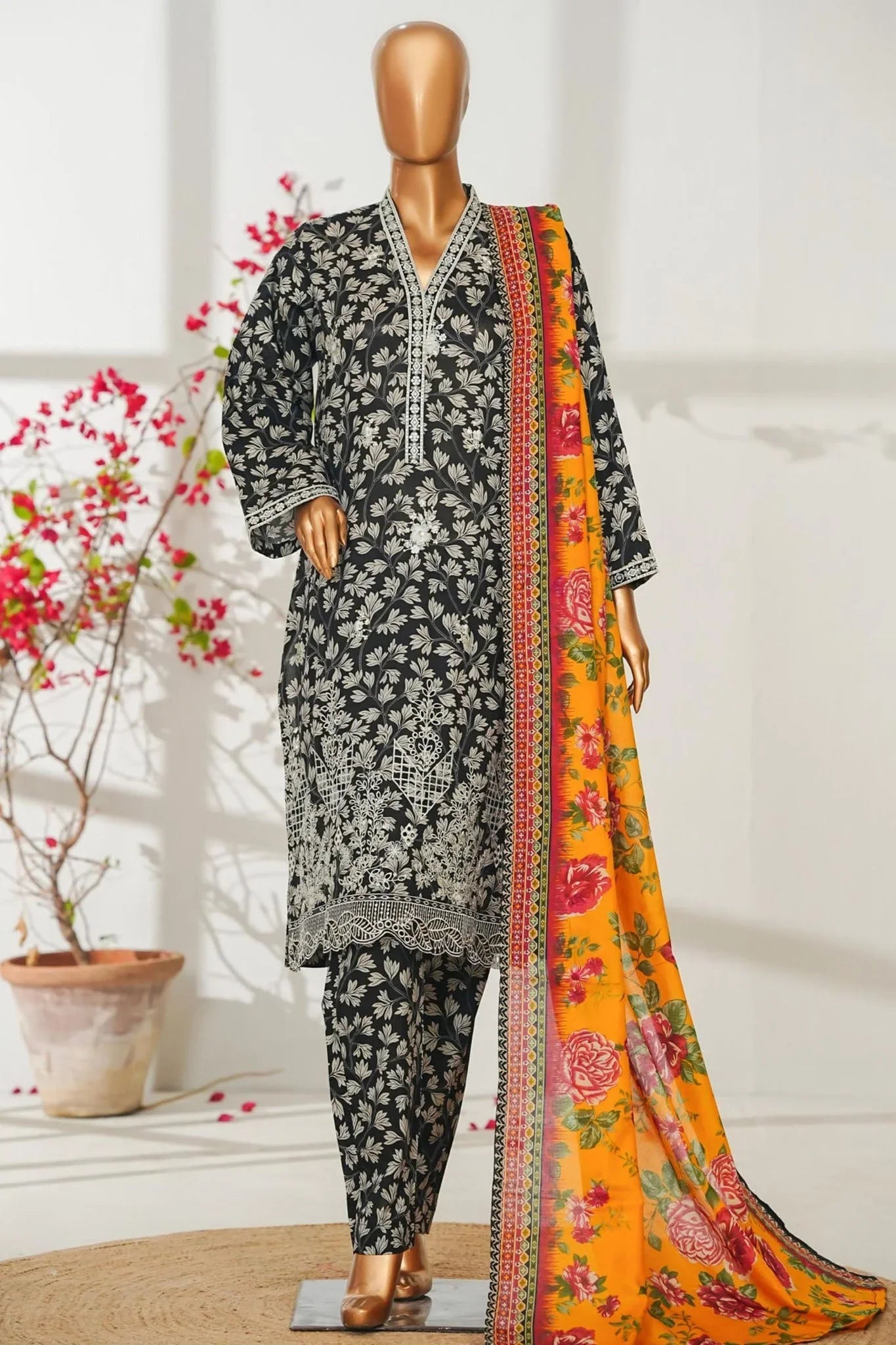 Bin Saeed Stitched 3 Piece Exclusive Emb Lawn Vol-02 Suit-NSM-2820-BLACK