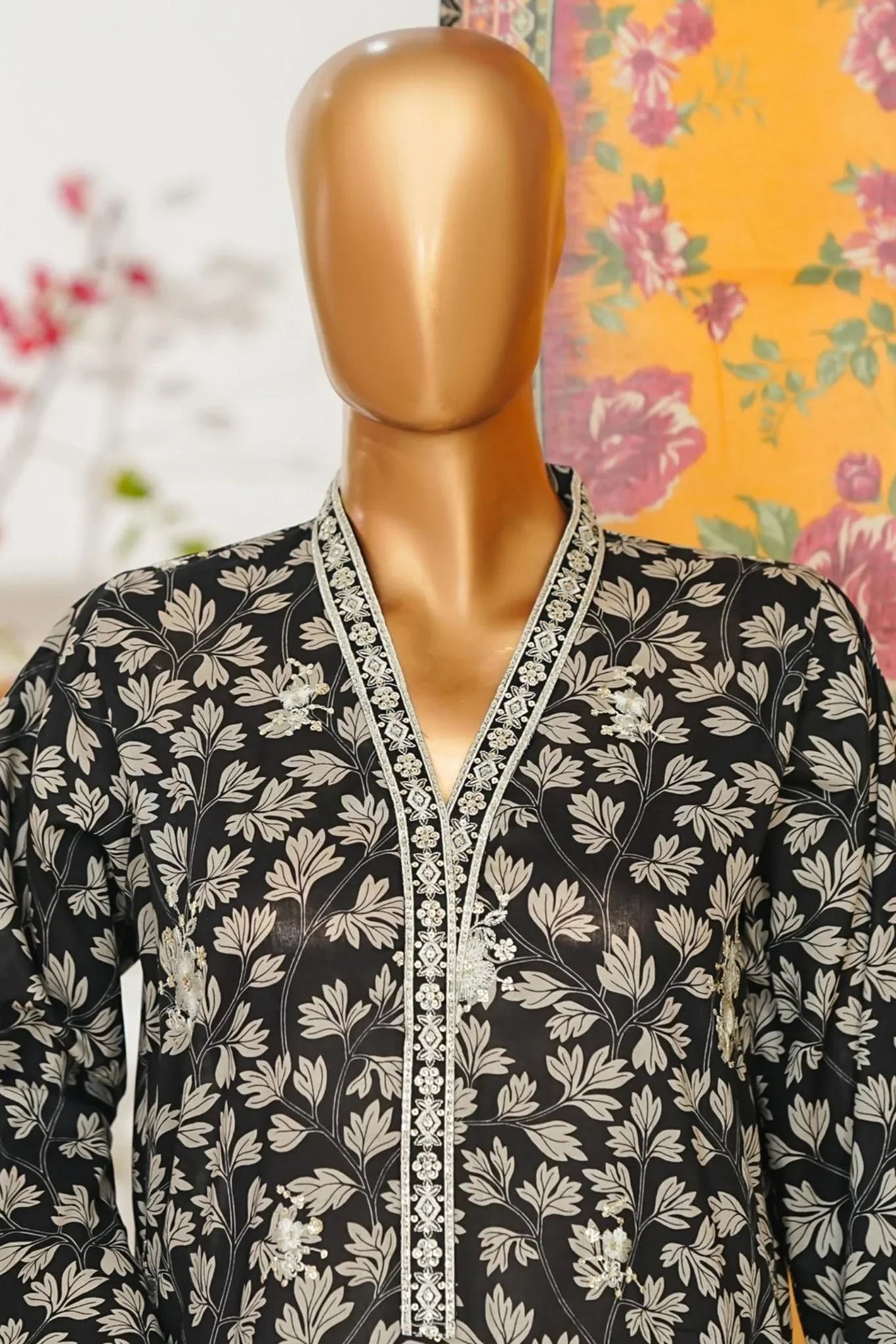 Bin Saeed Stitched 3 Piece Exclusive Emb Lawn Vol-02 Suit-NSM-2820-BLACK