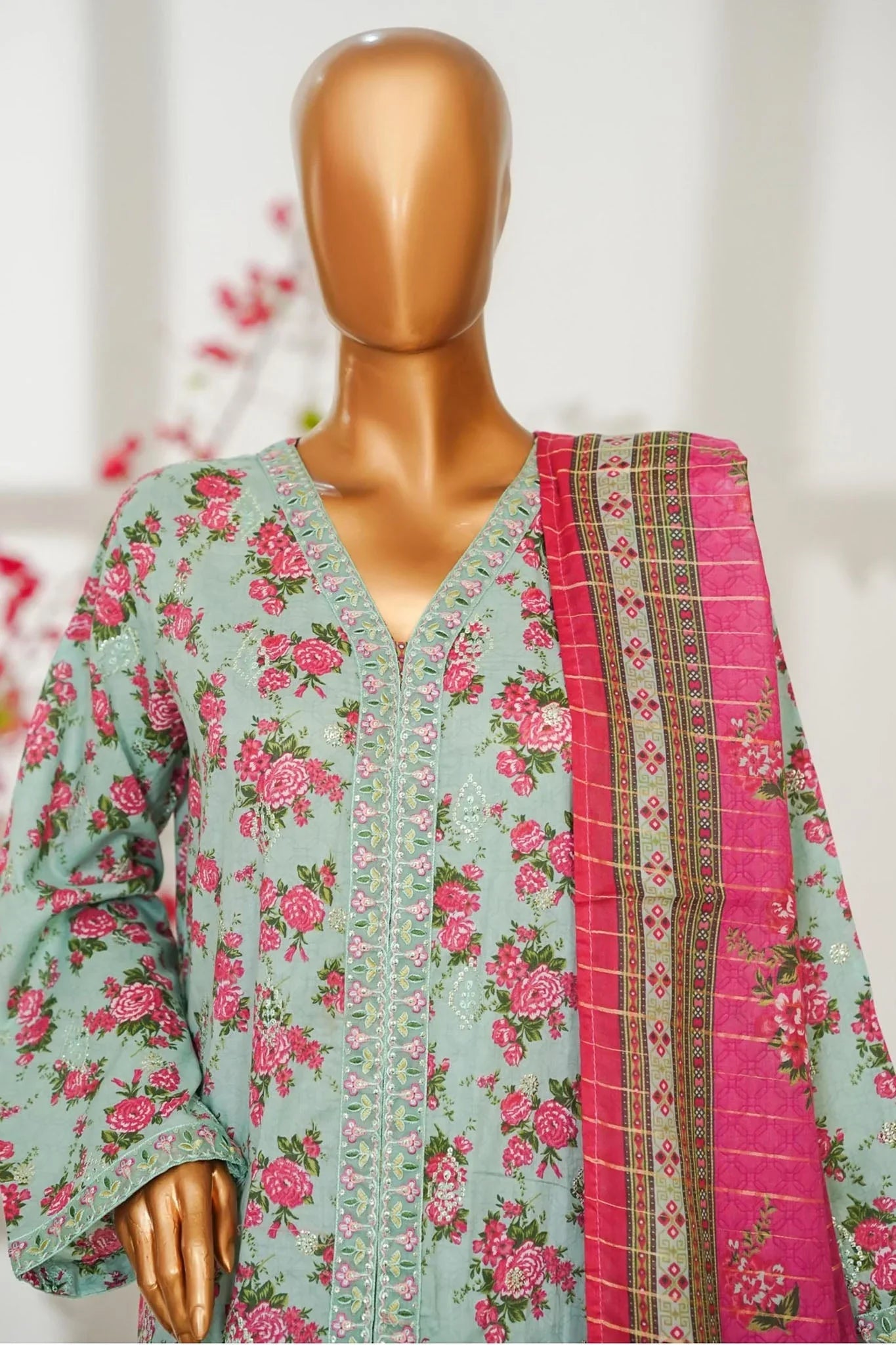Bin Saeed Stitched 3 Piece Exclusive Emb Lawn Vol-02 Suit-NSM-2821-GREEN
