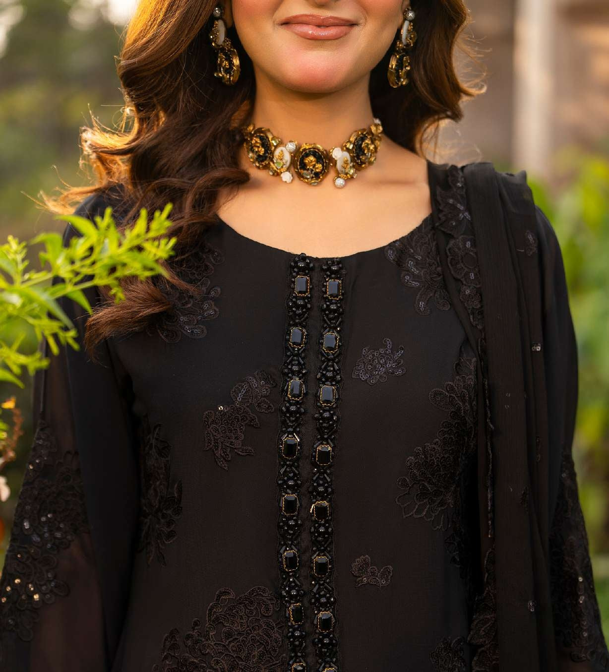 Luxury Black Embroidered Designer Suit with Elegant Sheer Dupatta