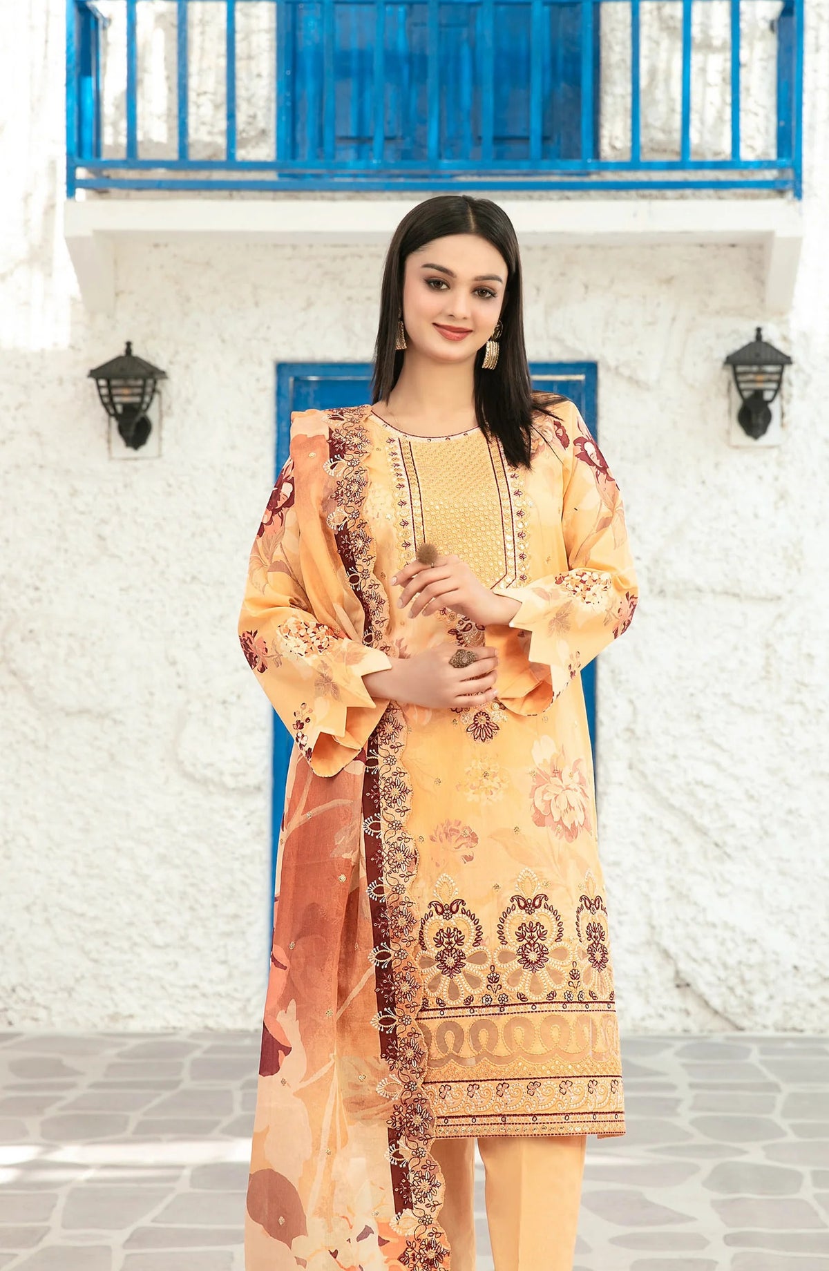 Parizah by MyTaraz Fabrics Embroidered Lawn Unstitched 3 Piece Suit - D-2723 - TF26PRZ - Orange - Summer Collection