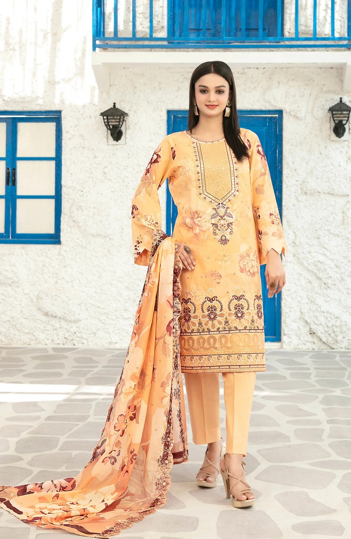 Parizah by MyTaraz Fabrics Embroidered Lawn Unstitched 3 Piece Suit - D-2723 - TF26PRZ - Orange - Summer Collection